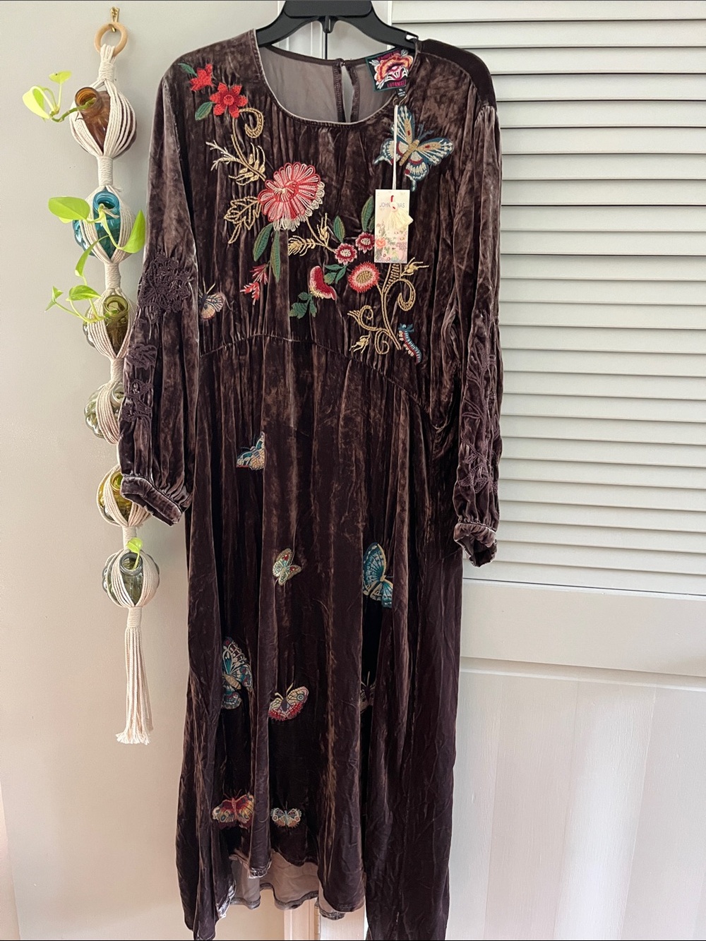 Johnny Was Brown Velvet Maxi Dress with Floral & Butterfly Embroidery